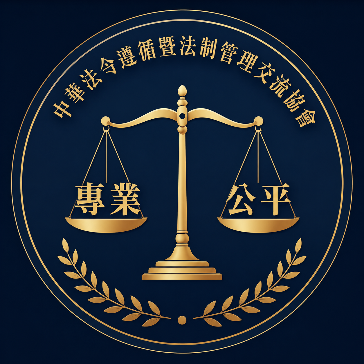中華法令遵循暨法制管理交流協會會徽,金色天秤與專業、公平字樣